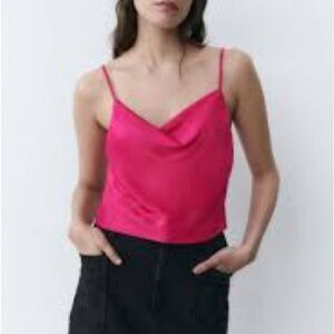 NWT Zara Womens XS Hot Pink Scoop Neck Satin Tank Top Adjustable Spaghetti Strap